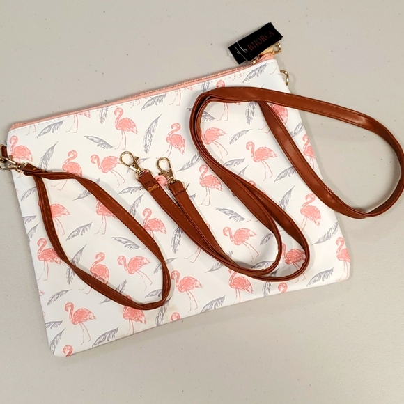Flamingo and feather design cross body clutch Summer Travel Tropical Make up NWT - Picture 5 of 6